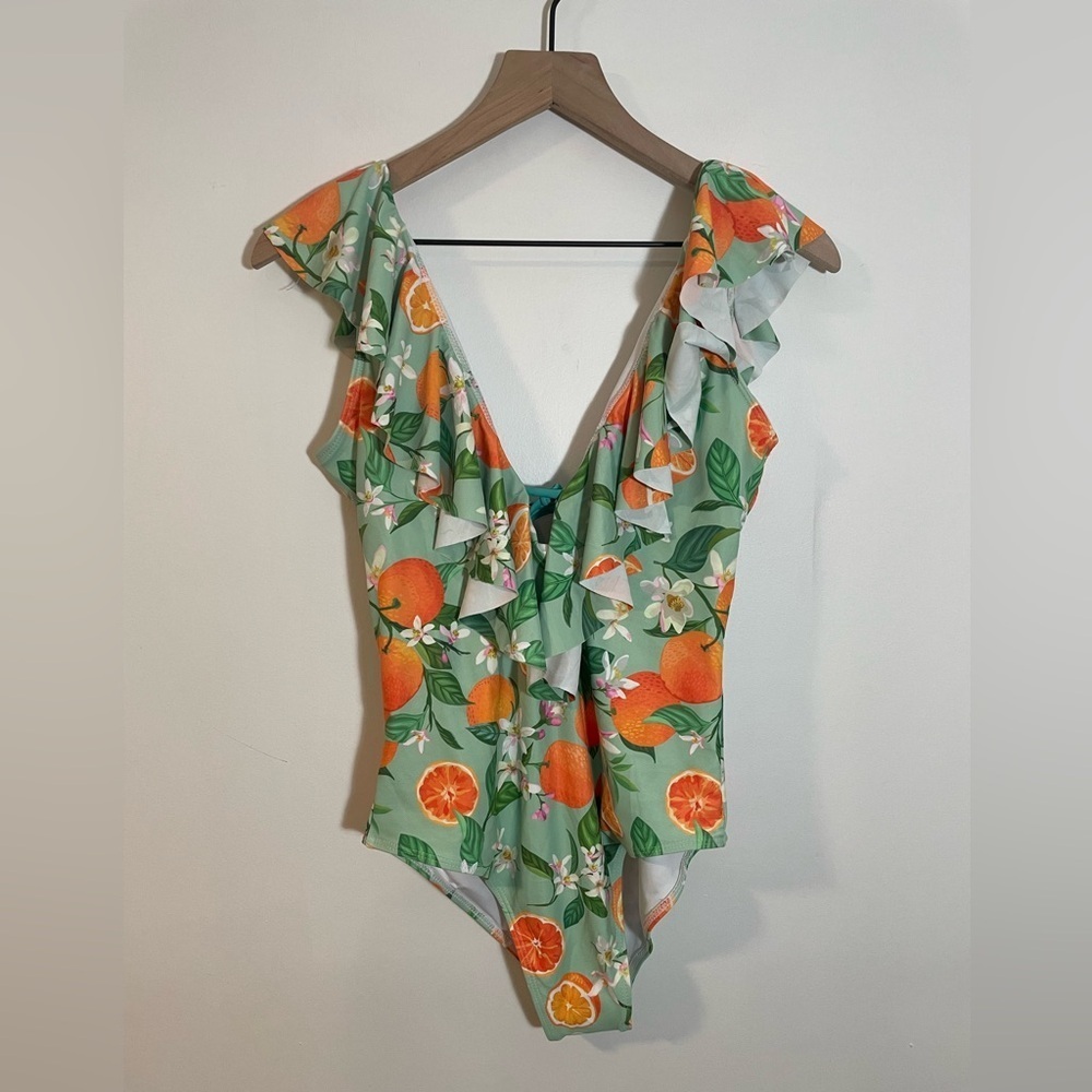 NWT Binlowis Deep V Neck Flounce One Piece Swimsuit Orange Print Ruffle  Small